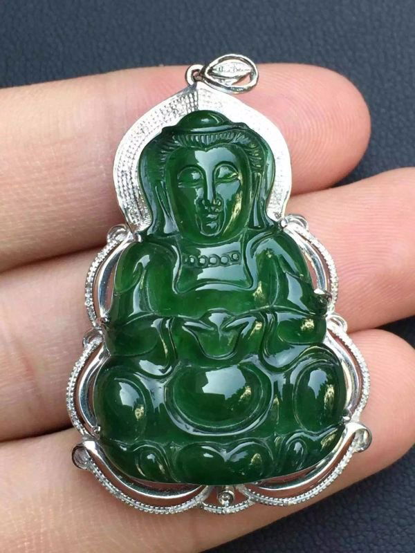 Icy Green Jadeite Buddah 18K Gold Diamond Pendant (1 of 4)