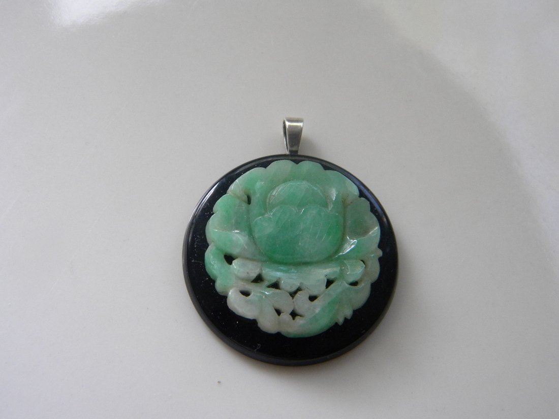 ANTIQUE CHINESE JADEITE CARVED FLOWER PENDANT ON ONYX (1 of 1)
