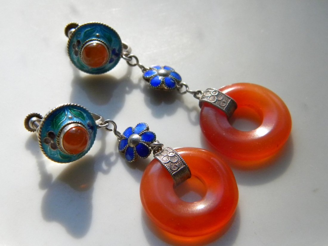 Pair of Antique Chinese Carnelian Enamel Earrings: Pair of Antique Chinese Carnelian Enamel Earrings, size of the 59.05mm x 21.11mm