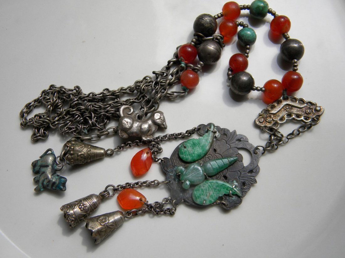Antique Chinese Silver Jadeite Carnelian Necklace (1 of 6)