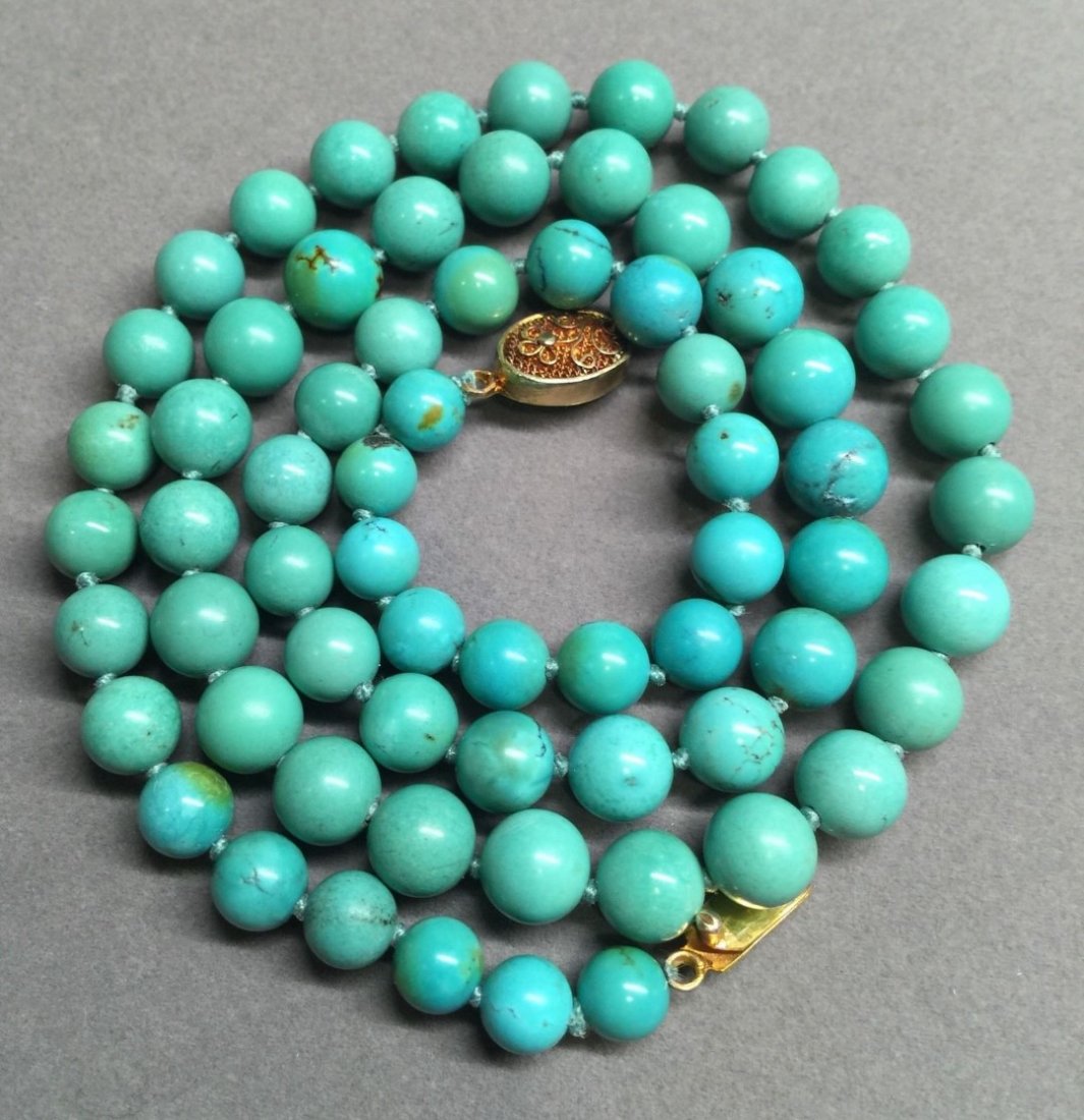 Vintage Antique Chinese Turquoise Bead Necklace: Vintage Antique Chinese Turquoise Bead Necklace, length 23", size of the bead 8mm, weigth 45g, marked Silver on the clasp