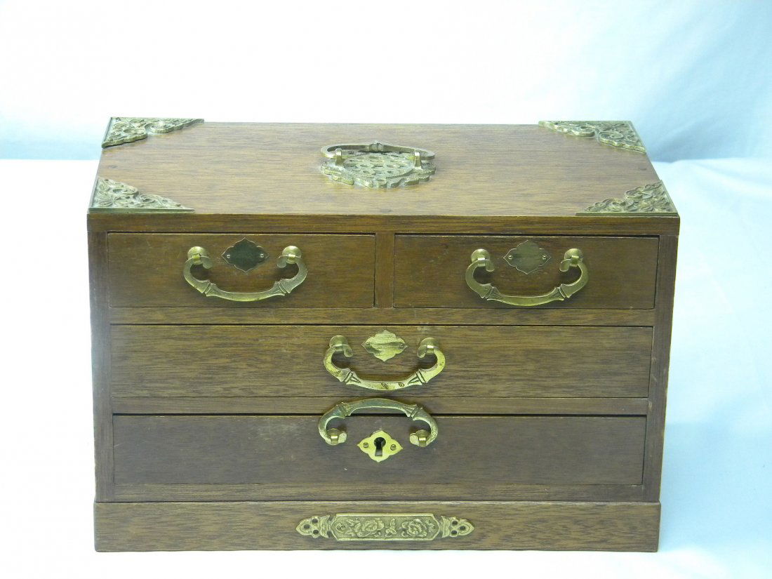 Antique Chinese Jewelry Wood Box with copper decoration (1 of 1)