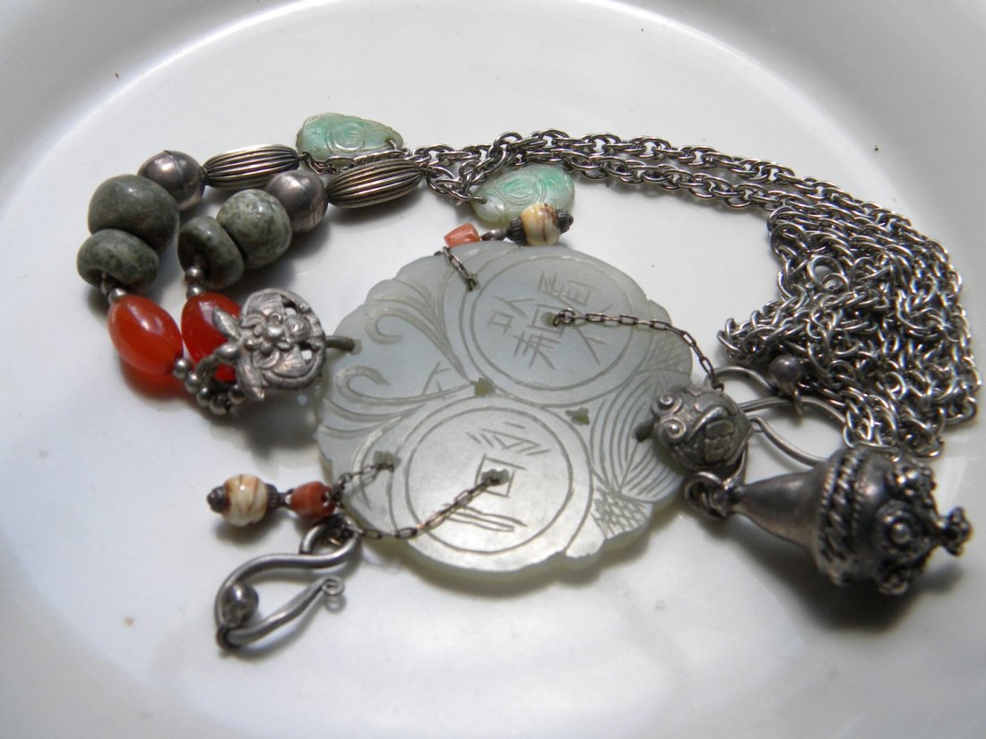 Antique Chinese Nephrite Jade Necklace Carnelian, (1 of 3)