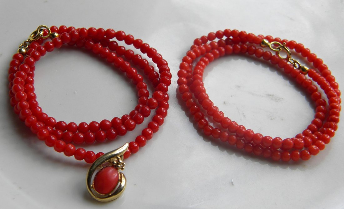 Two Natural Red Coral Necklaces 9K Yellow Gold (1 of 2)