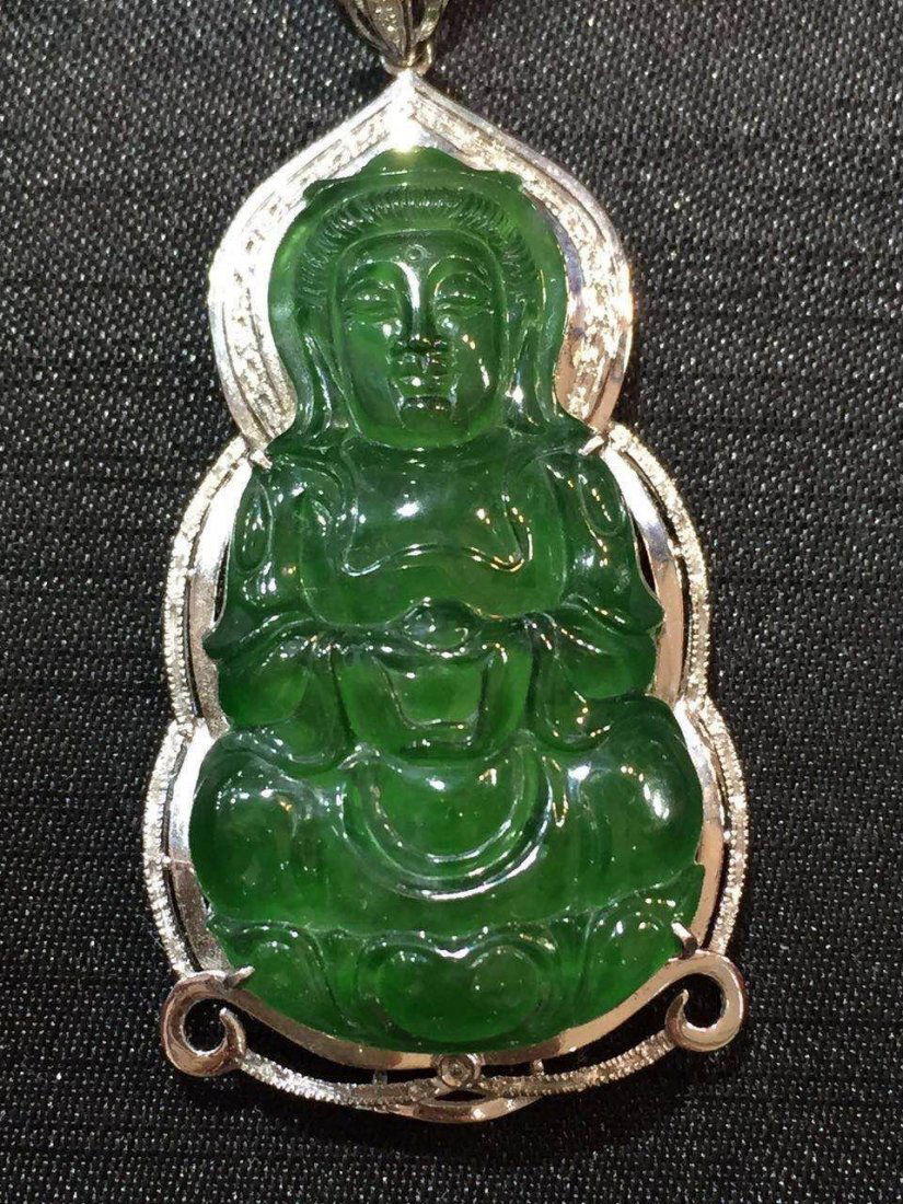 18K White Gold Diamond Jadeite Buddha Pendant (1 of 4)
