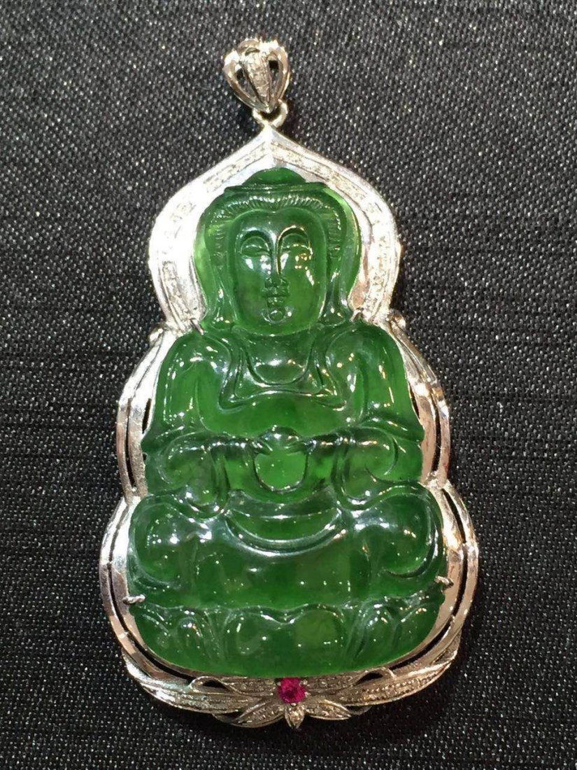 18K White Gold Diamond Jadeite Buddha Pendant (1 of 4)