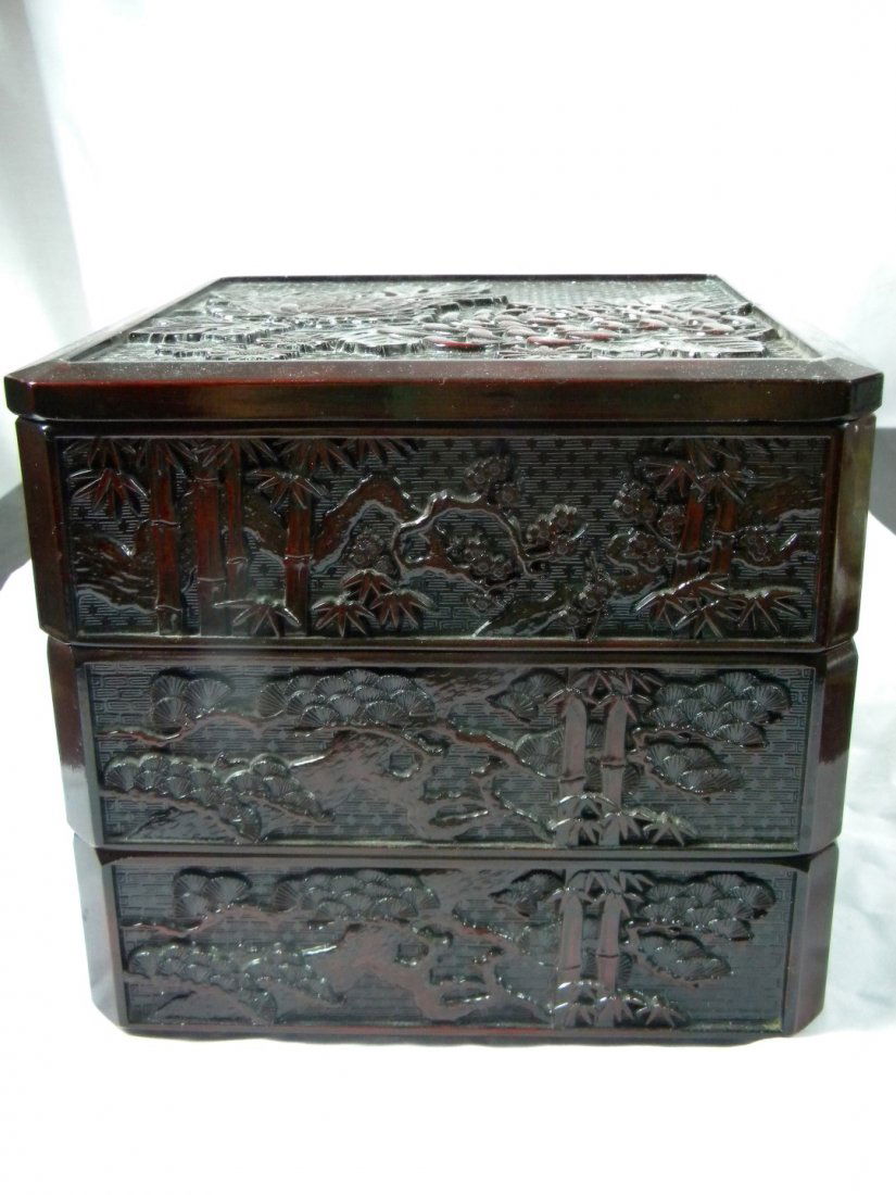 Antique Asian Lacquer Box carved Flower (1 of 3)