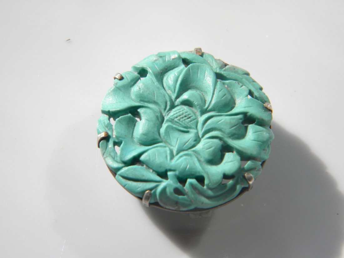 Antique Chinese Carved Turquoise Flower Brooch Pin (1 of 4)