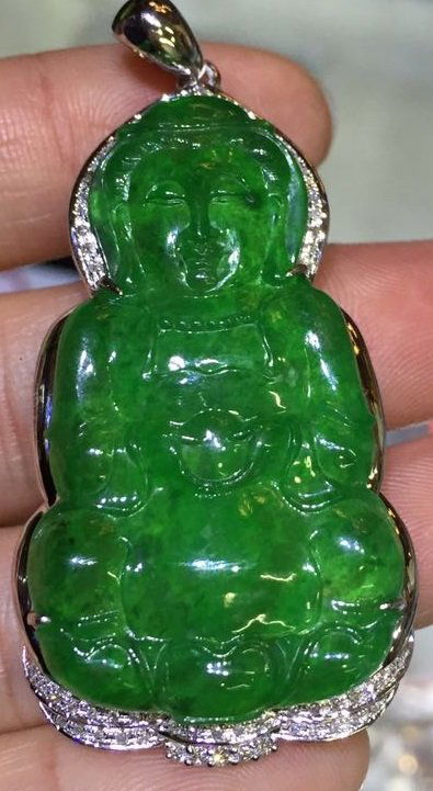 Natural Grade A 18K Gold Diamond Green Jadeite Buddha (1 of 3)
