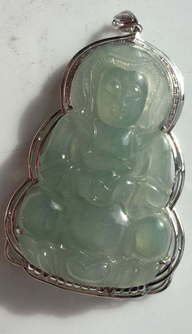 18K White Gold Natural Jadeite Guanyin Pendant (1 of 5)