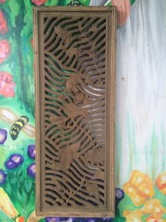 Carved camphor wood Chinese fish lotus window panel. (1 of 4)