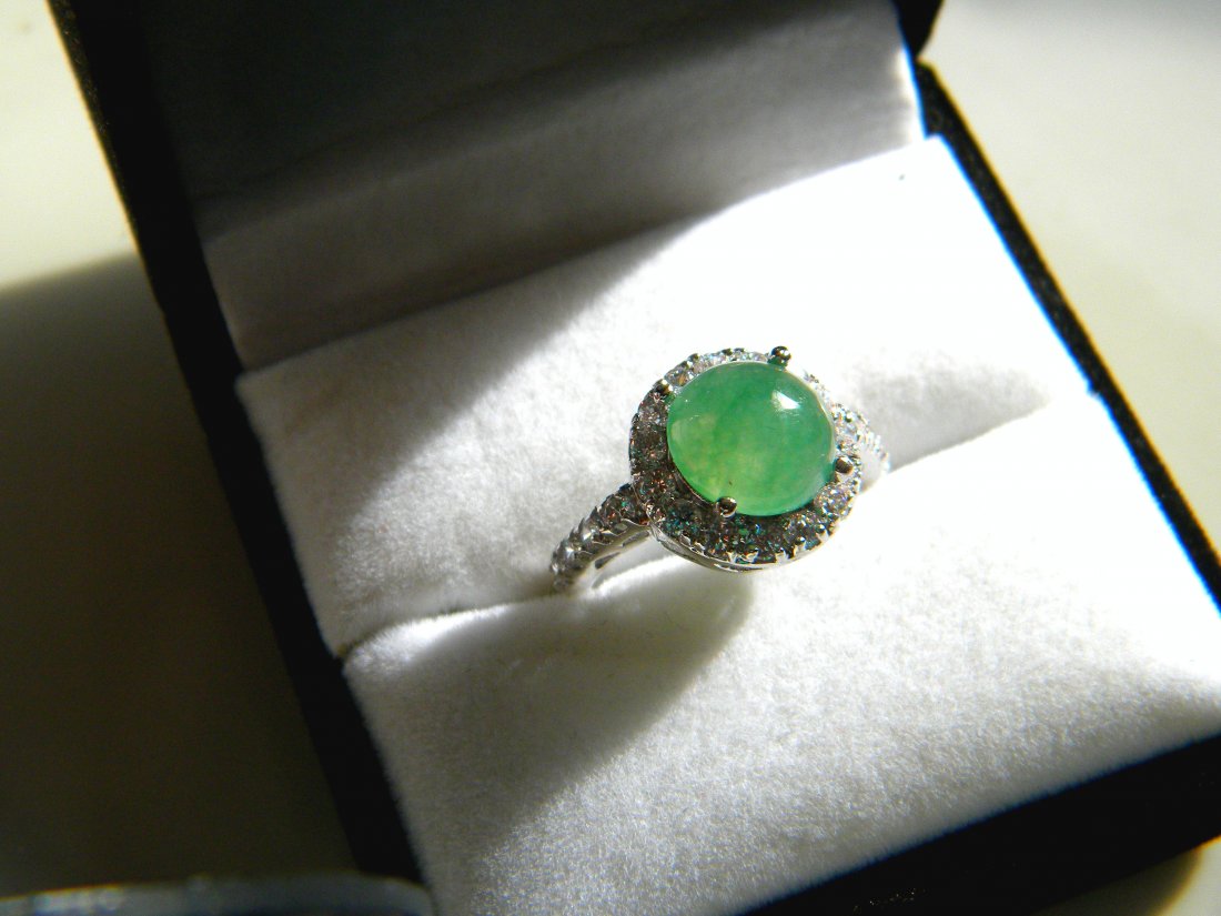 18K White Gold Plated Diamond Icy Green Jadeite Ring, (1 of 1)
