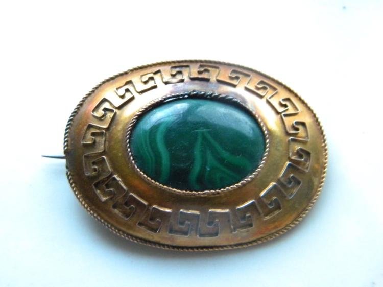 Antique 14K Gold Malachite Brooch Pin (1 of 4)