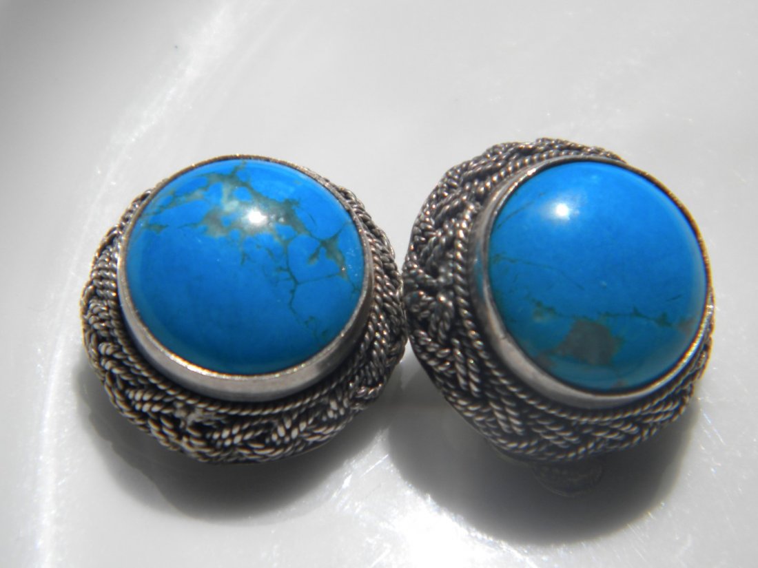 Pair of Natural Blue Turquoise Earrings Marked 925 (1 of 5)