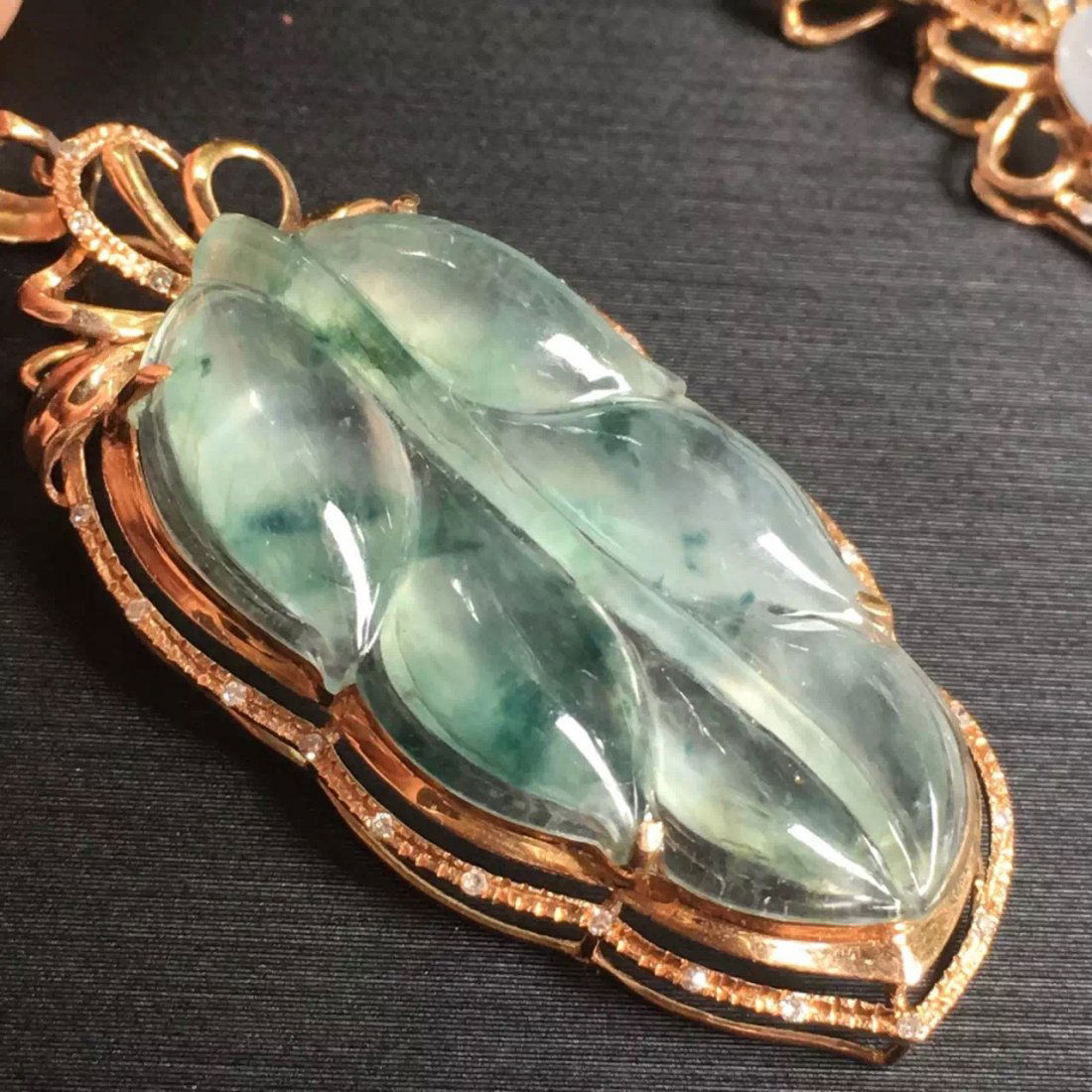 18K Gold Diamond Natural Jadeite Leaf Pendant (1 of 1)