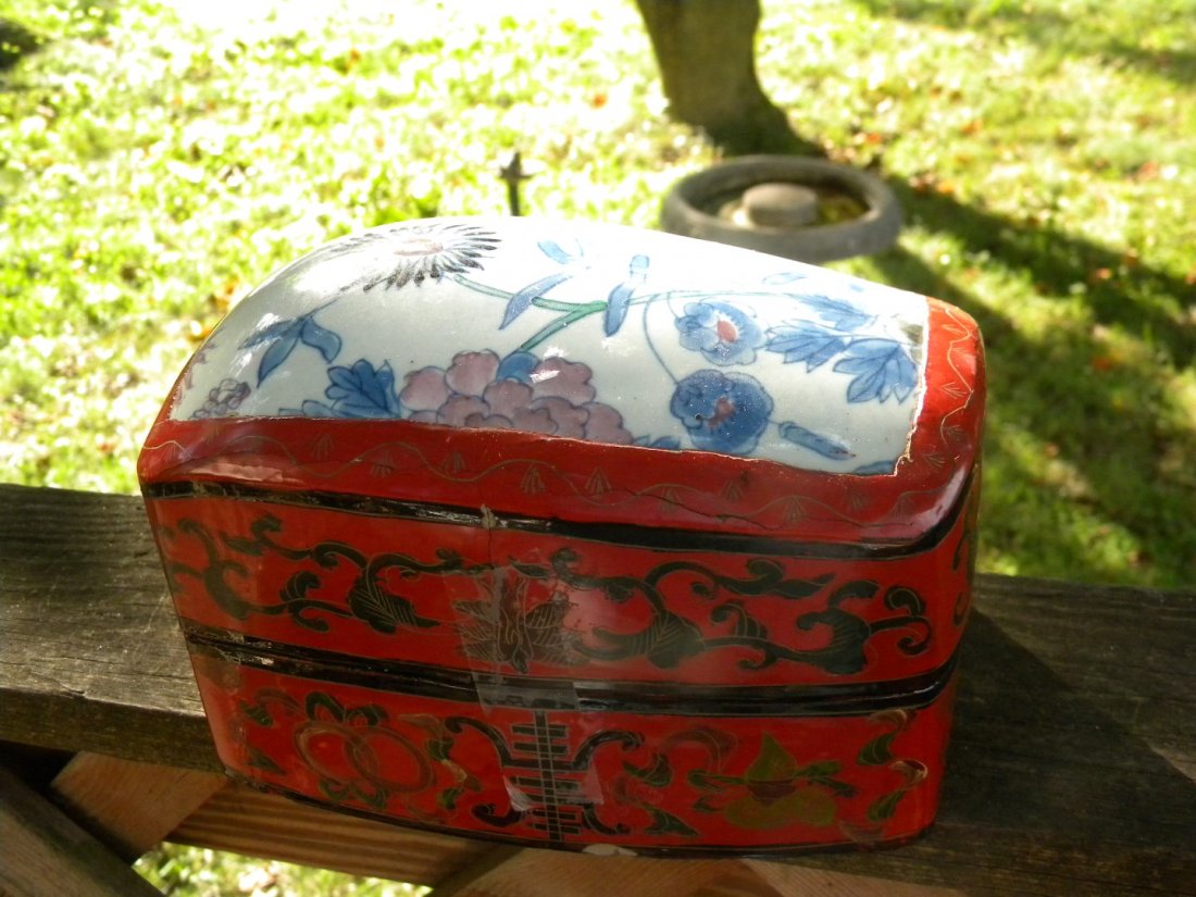 Antique Chinese Lacquer Box with Porcelain Top Inlay (1 of 6)