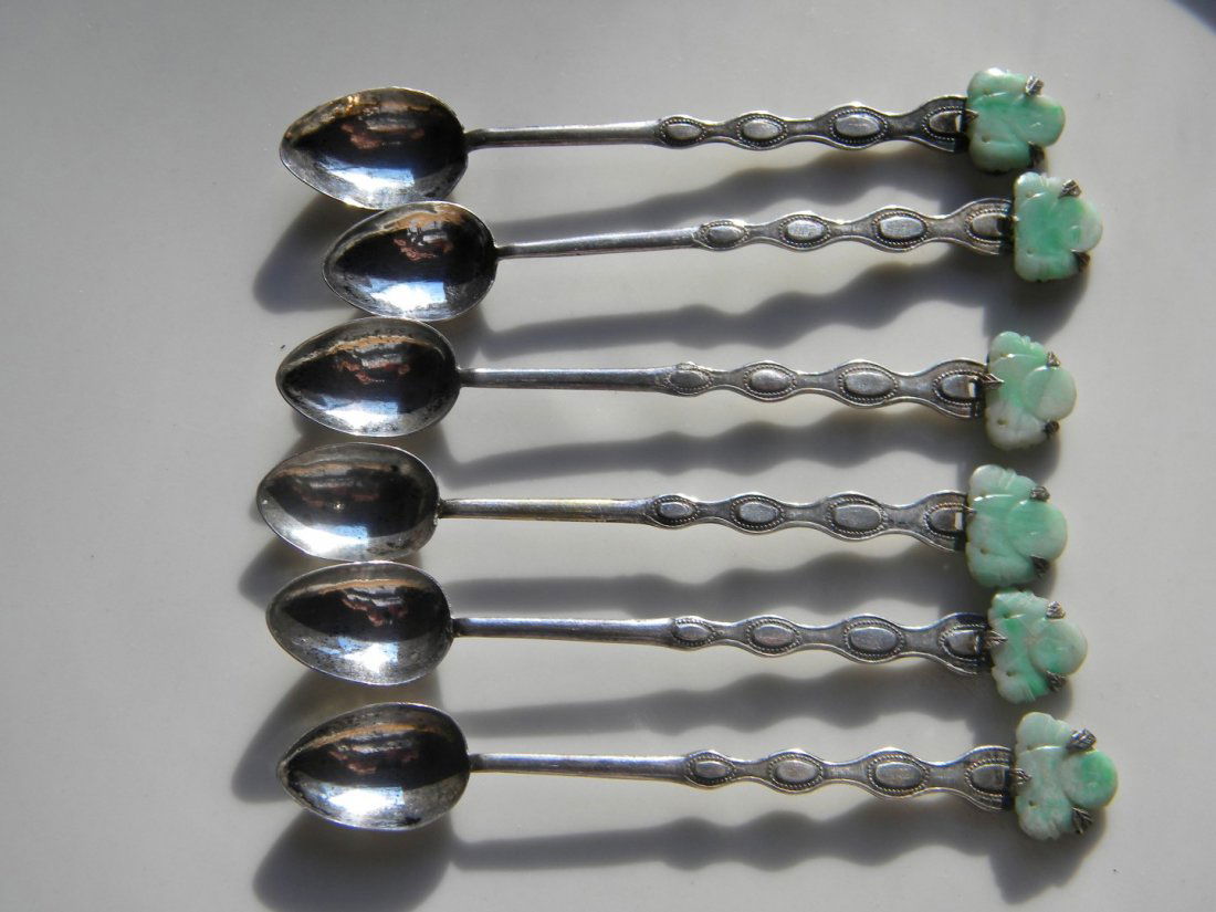 Six Antique Chinese Silver Spoon Jadeite Bufddha Marked (1 of 6)