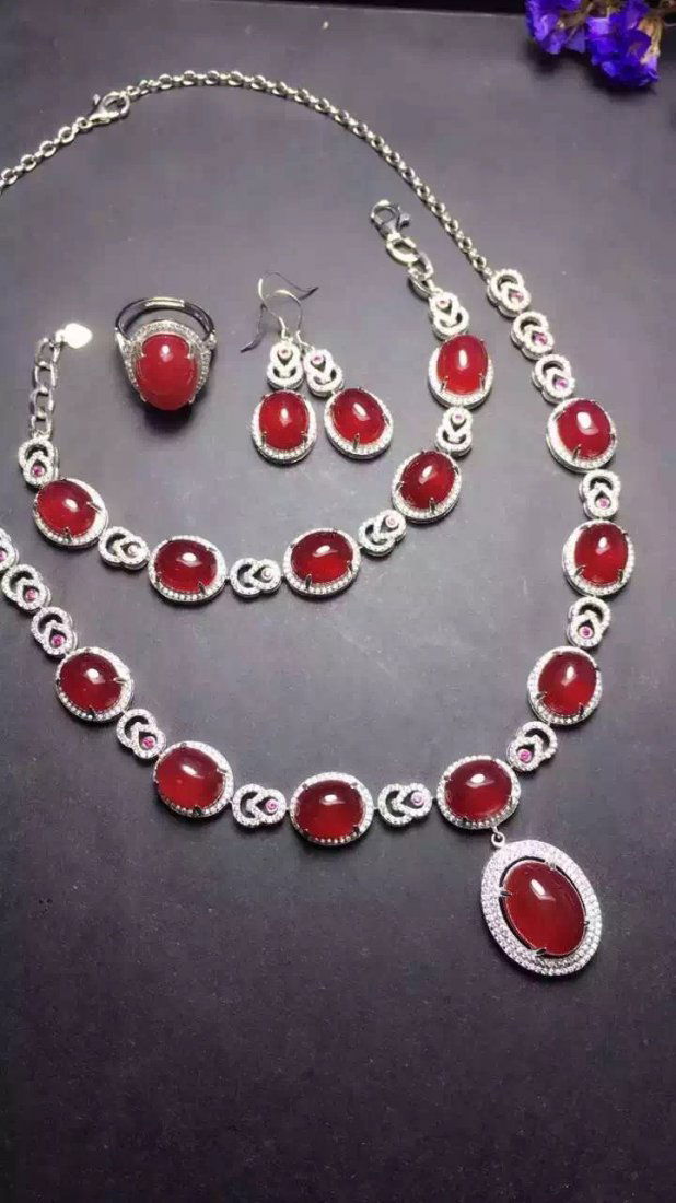 Set of Silver Red Stone Ring, Earrings and Bracelet (1 of 6)