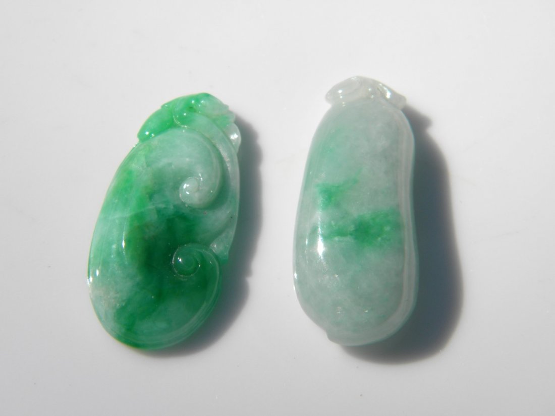 Two Natural Green Jadeite Ruyi and Melon Pendants (1 of 3)