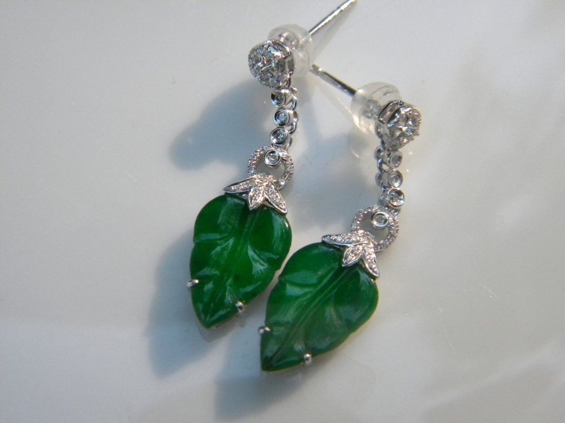 Pair of 18K Gold Diamond Green Leave Jadeite Earrrings (1 of 4)