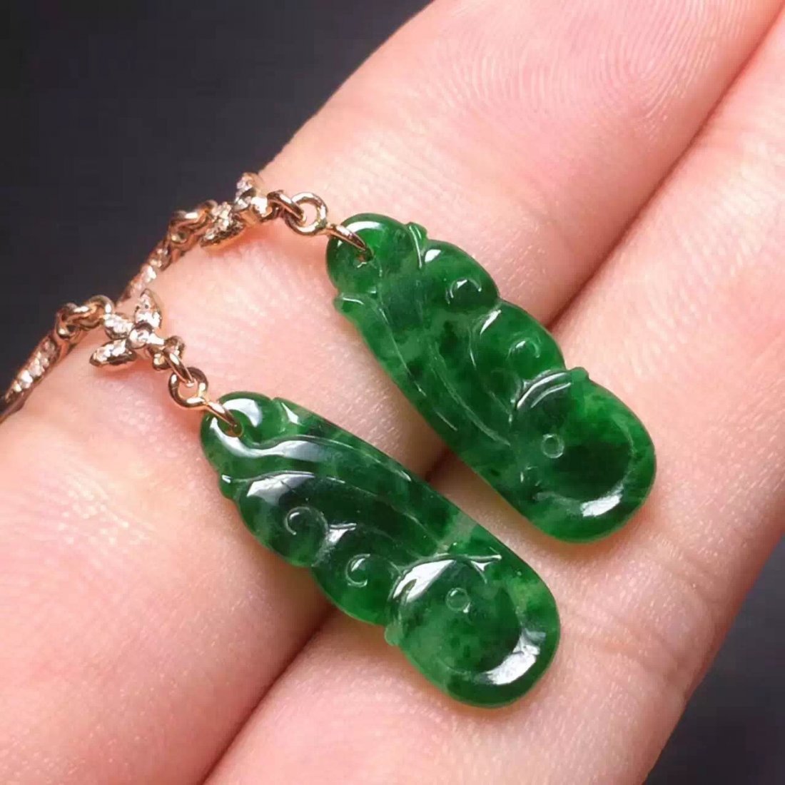 Pair of 18K Gold Diamond Natural Green Jadeite Pheonix (1 of 5)