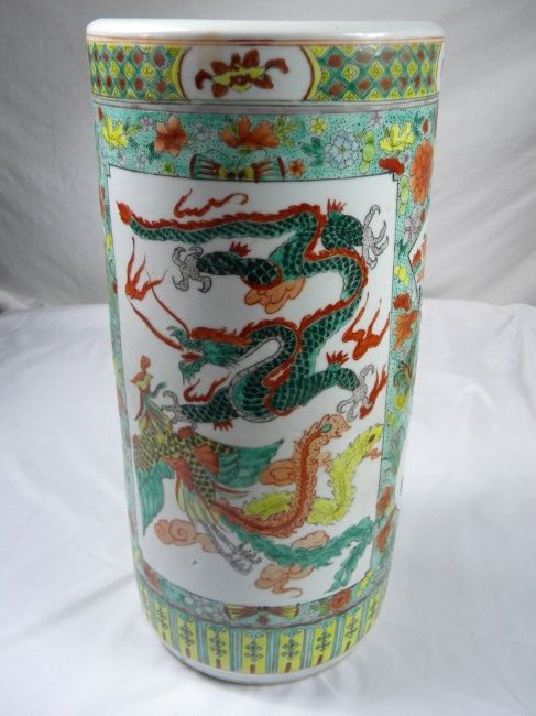 Chinese Dragon and Phoenix Famille Rose Umbrella Holder: Chinese Dragon and Phoenix Faille Rose Umbrella Holder, H:17.5", diameter 8.5"