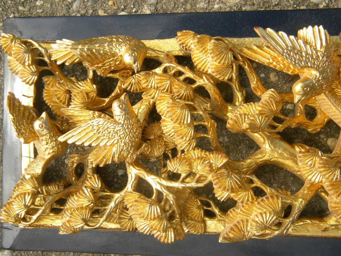 Gold Gilted Carved Wood Panel of Birds: Gold Gilted Carved Wood Panel of Birds, size: 28" x 7"