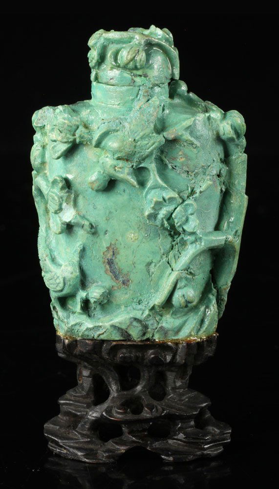 Antique Chinese Turquoise Snuff Bottle on Wood Stand (1 of 1)