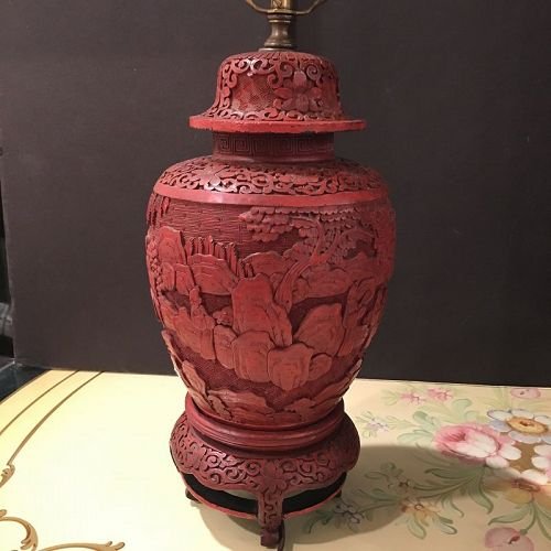 Antique Chinese Cinnabar lacquer vases lamp base   An (1 of 3)