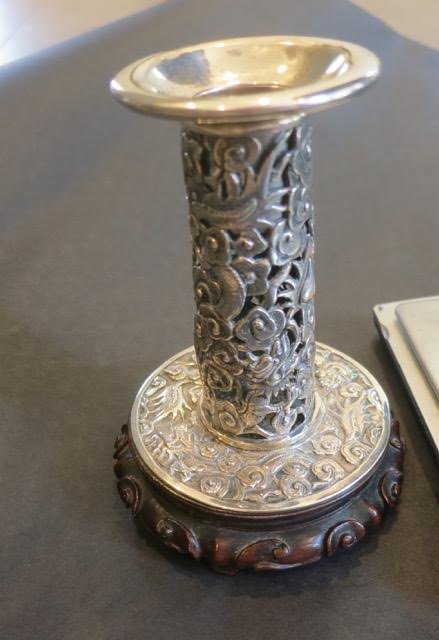 Chinese export silver candle stick with rosewood base (1 of 6)