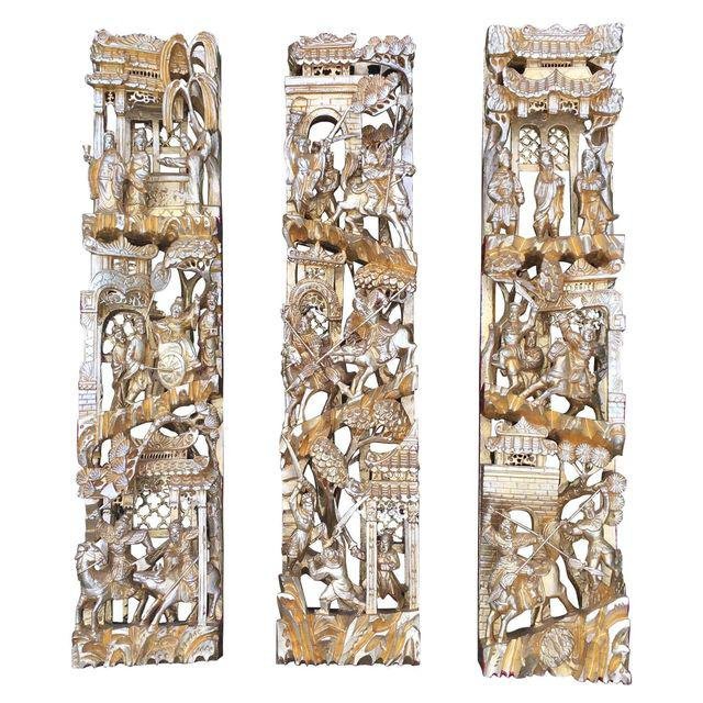 Chinese Gilt Wood Battle Scene Triptych - Set of 3 (1 of 10)