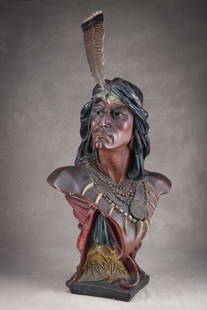 Antique, large size chalk Cigar Store Indian Bust: Antique, large size chalk Cigar Store Indian Bust marked "Hiawatha", with hole for feather, 27 1/2" tall x 17" wide x 12" deep. These early Cigar Store pieces were also found in Tobacco Stores and Sal