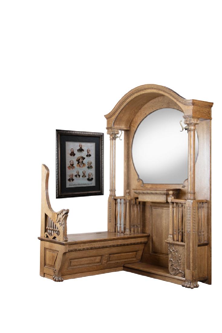 Unique and one of a kind, antique quarter sawn oak: Unique and one of a kind, antique quarter sawn oak corner Hall Tree, circa 1890-1910, with claw feet, fancy shaped beveled mirror with hat and coat hooks, a unique pair of umbrella and cane stands on