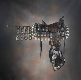 Incredible and complete, Triple H Trademark, circa: Incredible and complete, Triple H Trademark, circa 1930s, Heiser, silver mounted (German silver) Parade Saddle, maker marked at least 3 times, highly tooled in rich brown leather, 14" seat, 3" tooled