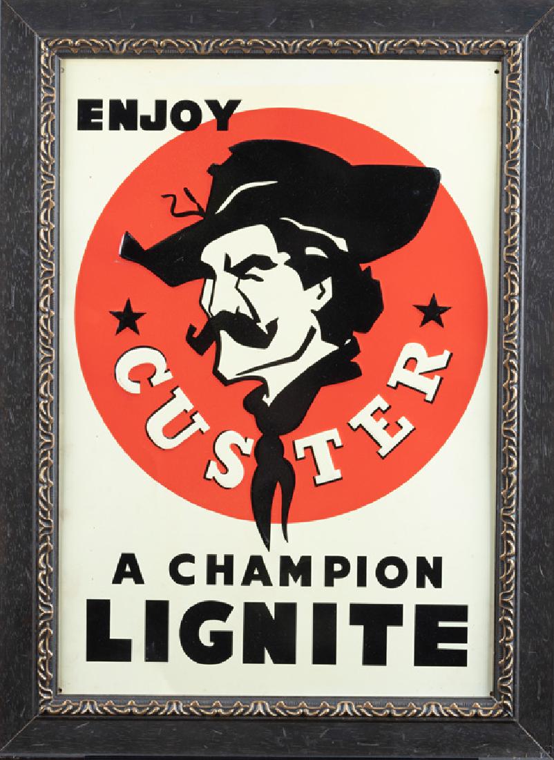 New-Old stock, raised Tin Advertisement for "ENJOY: New-Old stock, raised Tin Advertisement for "ENJOY CUSTER A CHAMPION LIGNITE", tin has been framed for protection, actual tin advertisement is 13 1/2" wide x 19 1/2" long. Great western graphics, woul