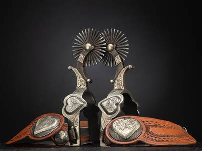 Unique pair of double mounted, engraved silver overlay