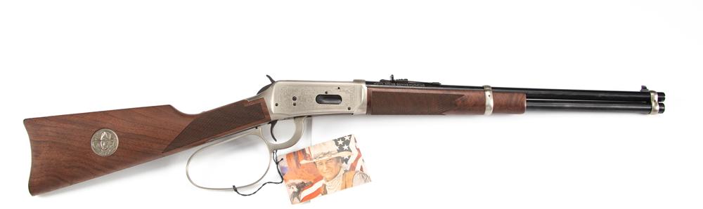 New in box, Winchester, John Wayne Commemorative, lever: New in box, Winchester, John Wayne Commemorative, lever action Carbine, Model 94, .32/40 caliber, SN JW36276, 18" round barrel, blue finish with stainless receiver and large loop lever. Receiver has