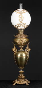 Signed "Bradley & Hubbard" antique Banquet Lamp, 36" T,: Signed "Bradley & Hubbard" antique Banquet Lamp, 36" T, with original 10" ball shade and unique raised brass overlay. Lamp is in original finish with ornate footed base and unique winged angels