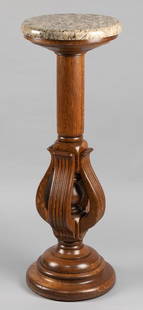 Unique antique oak Pedestal, circa 1900-1910, with: Unique antique oak Pedestal, circa 1900-1910, with unusual stylish base, nice finish and condition, 39 1/2" T x 14" D, polished granite top. KING COLLECTION