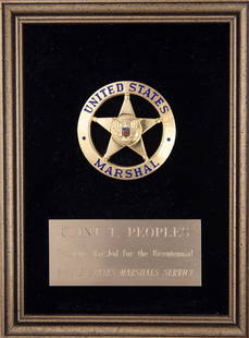 Historical gold Badge presented to United States: Historical gold Badge presented to United States Marshal and Texas Ranger Clint T. Peoples. Circle Star Badge, 2 1/4" across, with blue enamel inlay "UNITED STATES MARSHAL", and raised eagle in