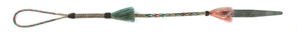 Unique multi-color braided horse hair Quirt in unusual: Unique multi-color braided horse hair Quirt in unusual colors of grey, red and turquoise, 8" leather popper, overall length 29".