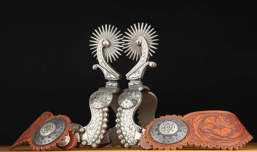 Incredible pair of double mounted, hand engraved silver: Incredible pair of double mounted, hand engraved silver overlay Spurs by noted West Bountiful, Utah Bit and Spur Makers Lytle & Mower. Spurs have raised hand engraved conchos on heel bands and silver