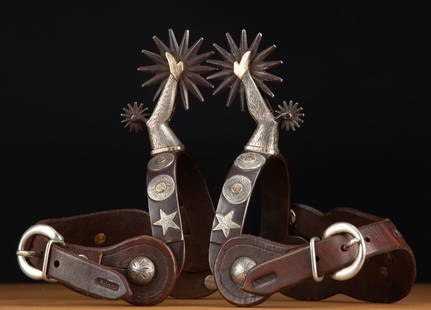 Most unique pair of sterling overlay gal-leg Spurs by: Most unique pair of sterling overlay gal-leg Spurs by noted Homer, Michigan Bit and Spur Maker Randy Butters. A unique style with double rowels, silver gal-legs and gold slippers, marked on heel