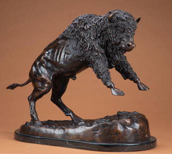 Bronze Sculpture of charging Buffalo by noted artist A.: Bronze Sculpture of charging Buffalo by noted artist A. Bouch (American 20th century). Sculpture measures 16" T x 15" W, weighs approximately 40 lbs., excellent patina, mounted on polished marble