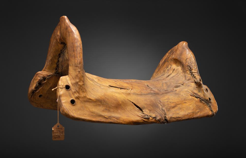 Very early wooden rawhide wrapped Indian Saddle,: Very early wooden rawhide wrapped Indian Saddle, thought to be Sioux, circa 1880s, found near Cannon Ball River, N. Dakota. Saddle is sinew sewn, 12" seat, 16 1/4" L x 10" W. Originally from a promine