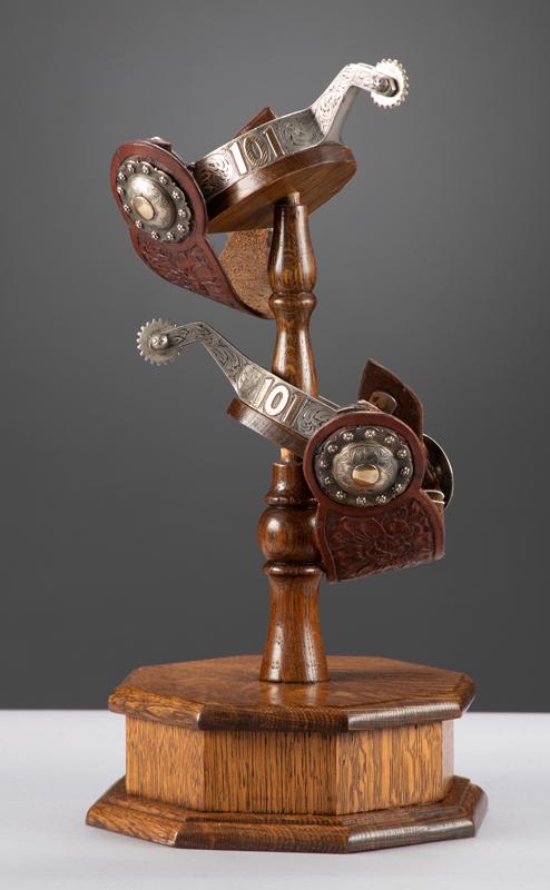 Beautiful custom made oak Spur Stand, excellent finish: Beautiful custom made oak Spur Stand, excellent finish and condition with 8" octagon base, 15" tall, will fit most any heel band. STAND ONLY. KING COLLECTION