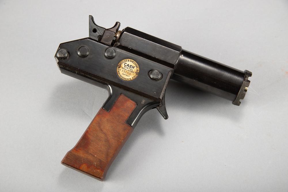 Cash Pistol, 22 ga., made by Accles & Shelvoke Co.: Cash Pistol, 22 ga., made by Accles & Shelvoke Co. Birmingham, England, SN X33268, Bolt Pistol. These pistols were developed for use in slaughter houses. It uses a blank charge to drive a spring loade