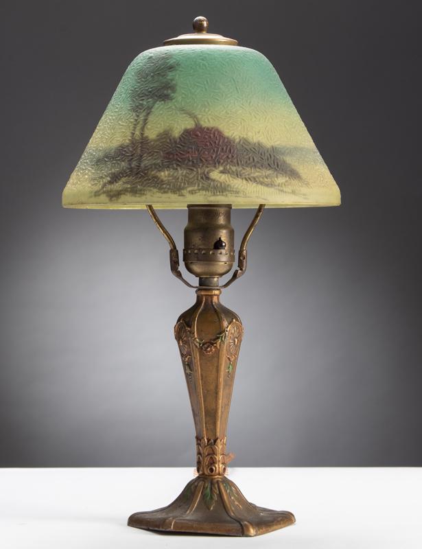 Antique Dresser Lamp with embossed reverse painted: Antique Dresser Lamp with embossed reverse painted shade, attributed to Pittsburgh Lamp Co., circa 1920s, with 8" shade, totally original with matching base, 15" tall.