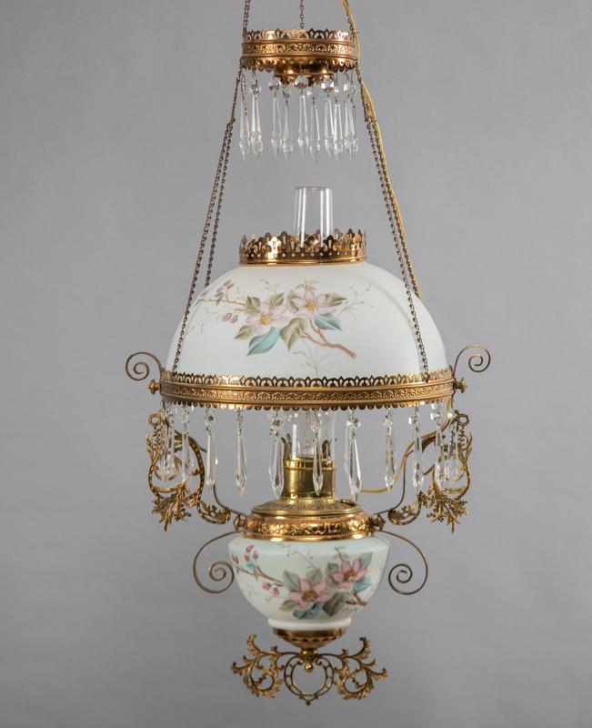 Antique brass & glass Hanging Light Fixture, circa: Antique brass & glass Hanging Light Fixture, circa 1880s-90s, with 14" shade and matching font. Originally in oil, converted to electricity, 24" tall.