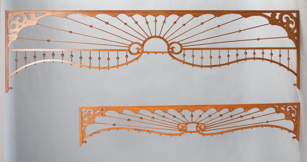 Two custom pieces of oak Fretwork, from the James: Two custom pieces of oak Fretwork, from the James Estate, Brenham, Texas. The long piece measures 82" with two side pieces measuring 23". The other measures 62 1/2" with the side pieces measuring 11 1